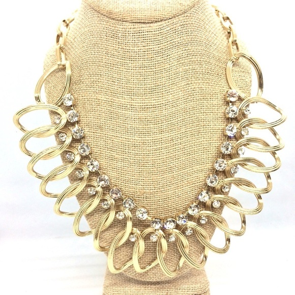 NATASHA RHINESTONE STATEMENT NECKLACE GOLD TONE BLING OVAL CHAIN LINKS - Picture 1 of 11